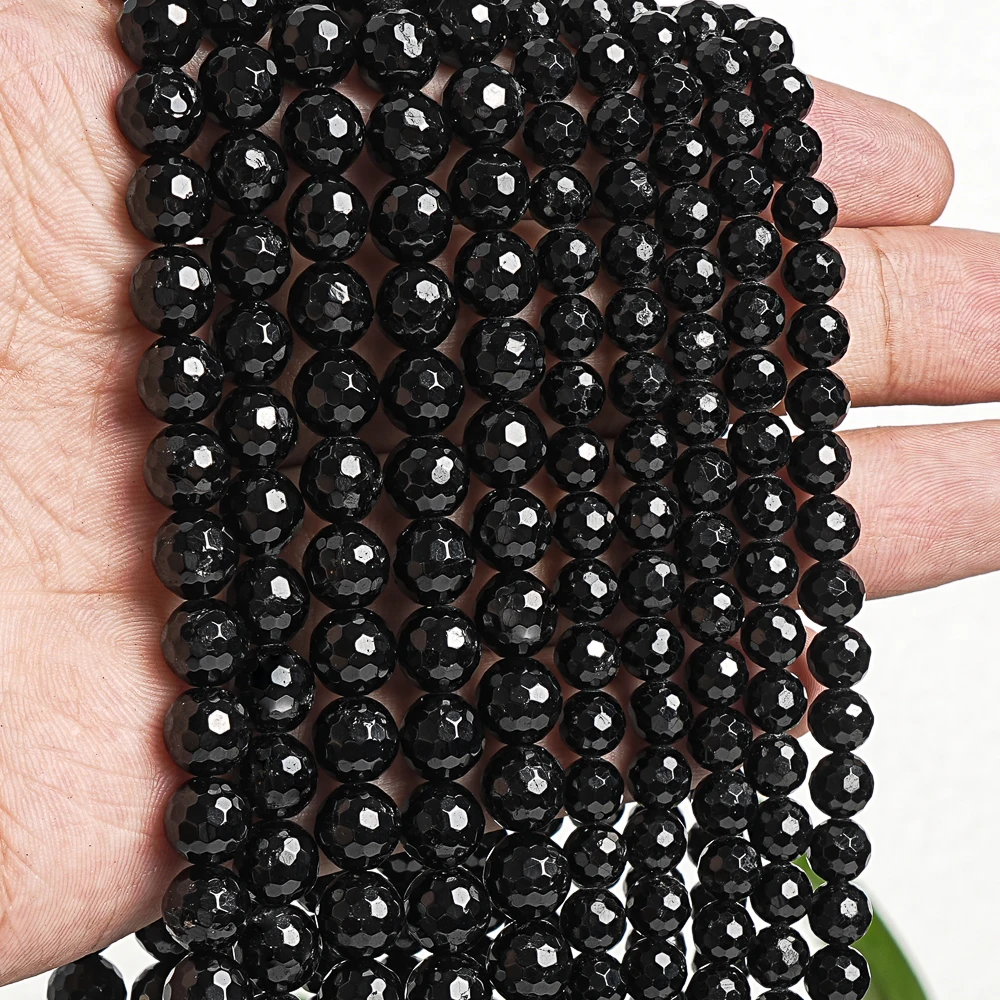 Genuine Black Tourmaline Loose Beads Faceted Round Beads For Jewelry Making DIY Charms Bracelet 6MM 7MM