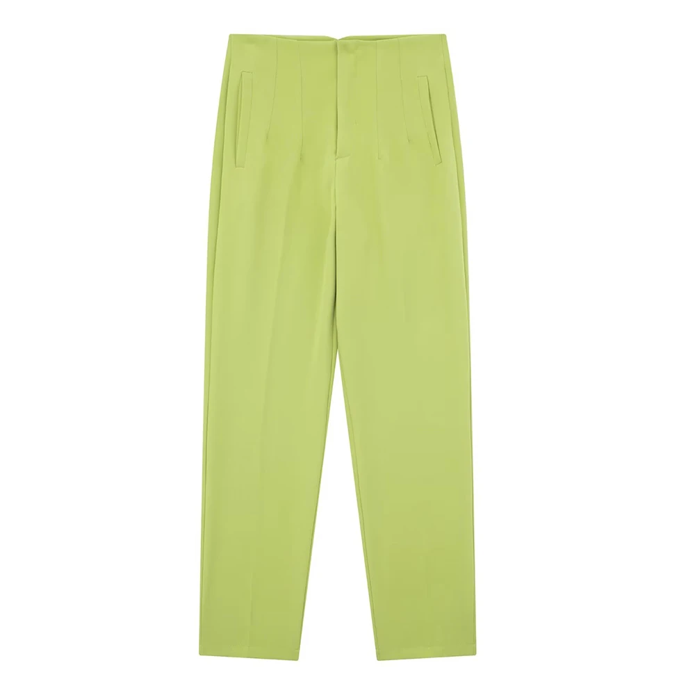 Straight Leg Pants High Waist Full Length Vintage Trousers for Women - Grass Green