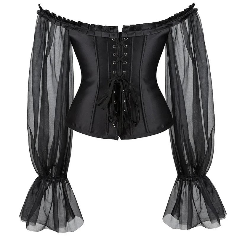 Long Sleeves Bustier Top Gothic Victorian Women Corset Vintage Basques Off Shoulder Waist Overbust Corselet