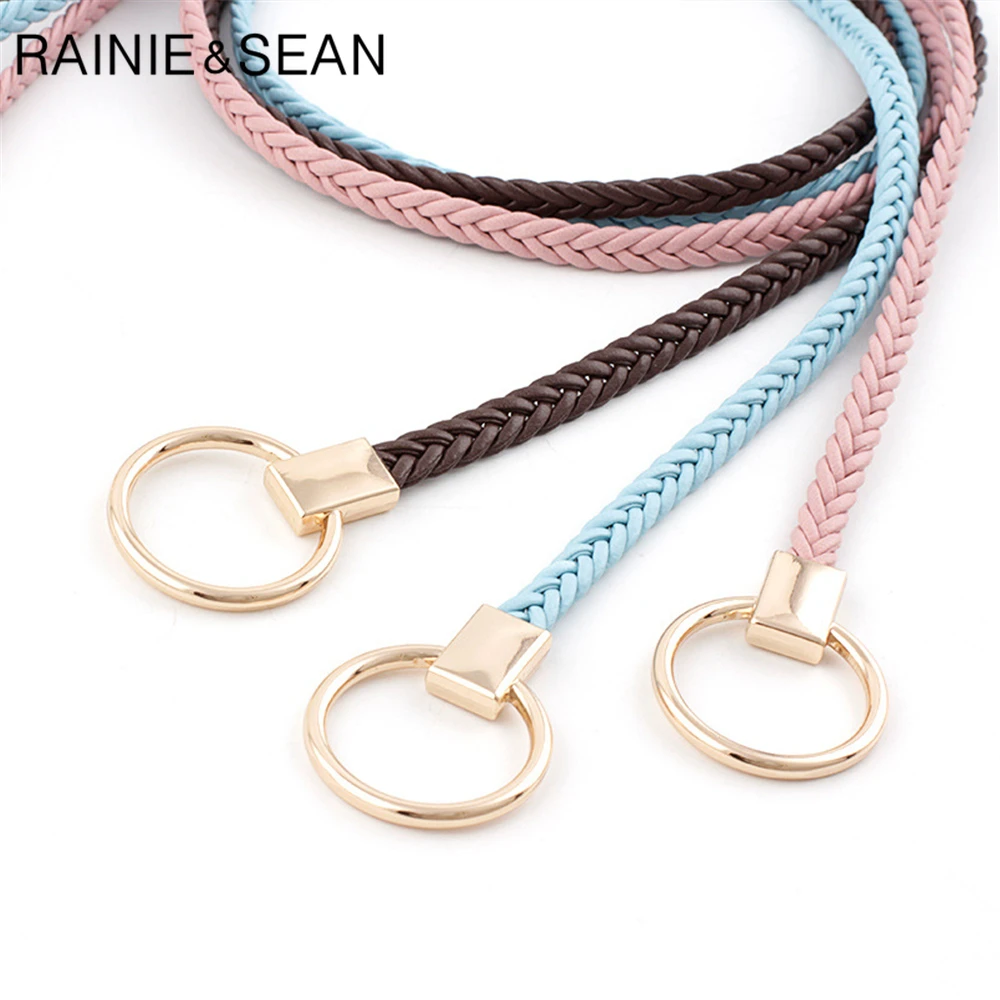 RAINIE SEAN Dünnen Gürtel Frauen Weben Pu Leder Mode Damen Strap für Kleider Solide Licht Ble Rosa Rot Camel Selbst krawatte Frauen Gürtel