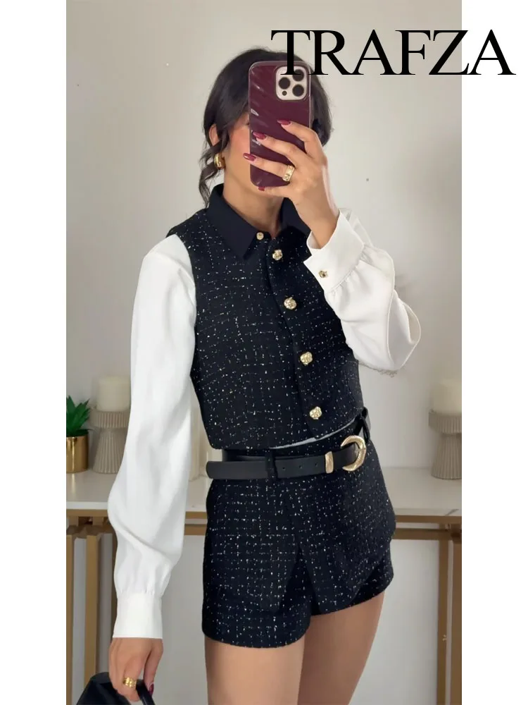 TRAFZA Women Fashion Suit Black O-Neck Sleeveless Buttons Single Breasted Waistcoat+High Waist Belt Decoration Shorts Female Set