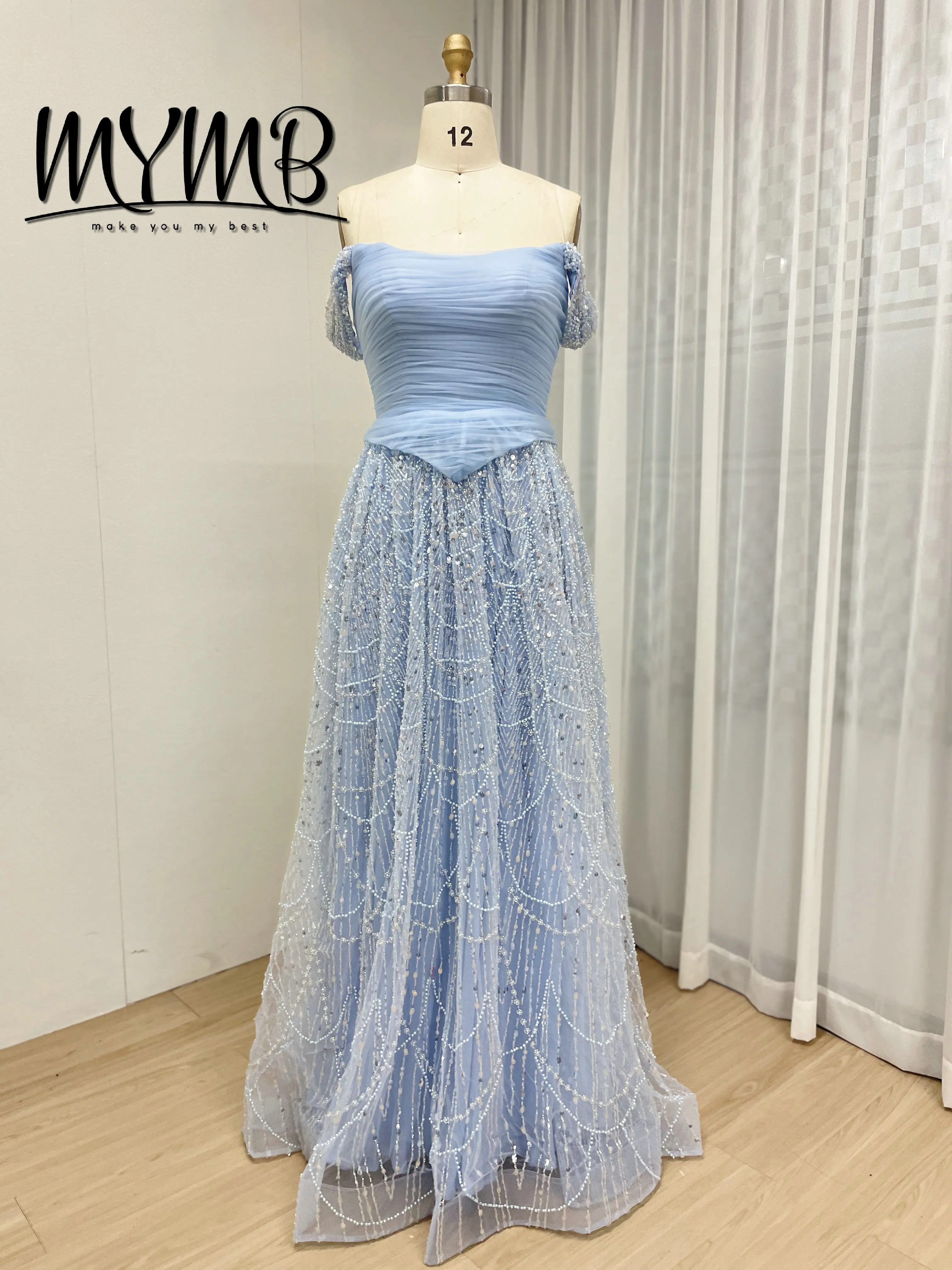 MYMB Neuer Stil, verziert mit exquisiten, perlenbesetzten Pailletten, elegantes, schulterfreies Abendkleid in A-Linie für formelle Anlässe MB40432