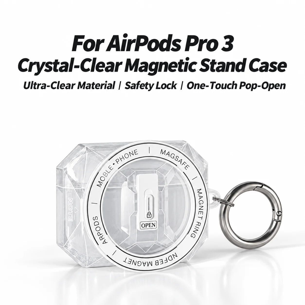For AirPods Pro 3 Magnetic Stand Case with Safety Lock and Pop-Open Lid MagSafe Compatible Cover with Carabiner