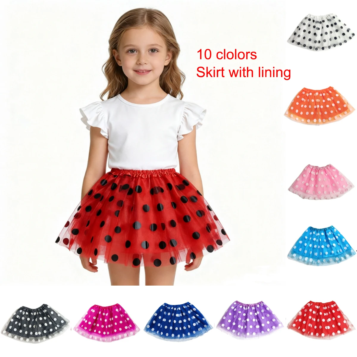 10 Colors Children's Girls Mesh TUTU Skirt Length 30cm with Lining Ladybug Polka Dot Mesh Skirt for Dance Party Dress Up