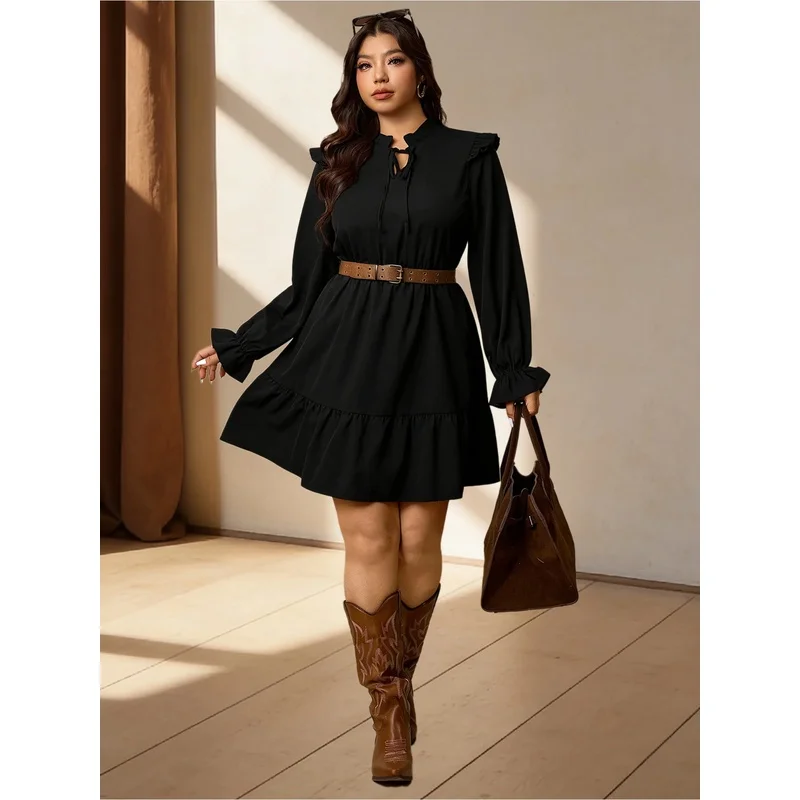 plus Size Black Dress French Casual Elegant Gentle Style Stand up Collar Ruffled Edge Waist Cinched Tea Break Skirt view 5