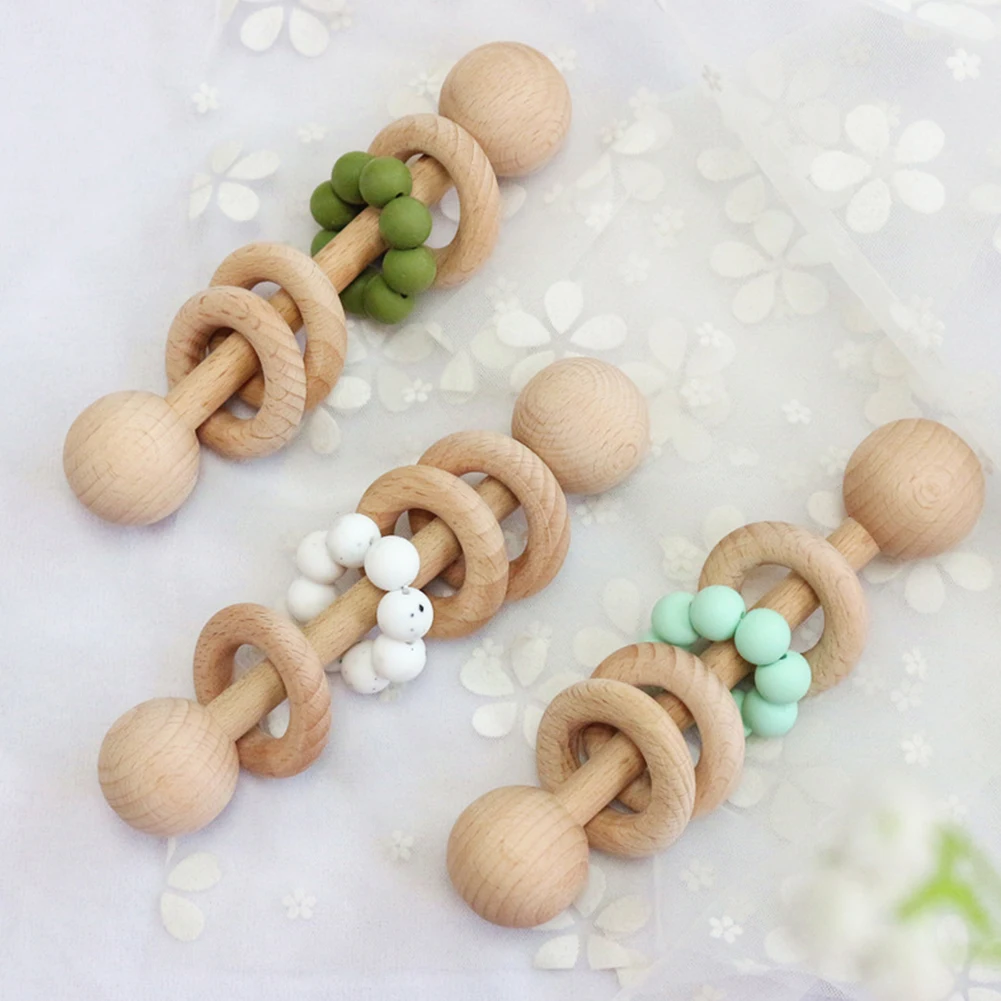 

1PC Baby Teether Toys Beech Wooden Rattle Wood Teething Rodent Ring Silicone Beads Musical Chew Play Gym Montessori Stroller Toy