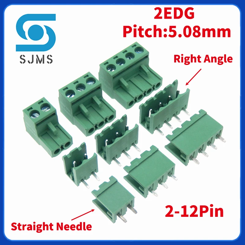 5Set 2EDG 5.08mm Pitch plug + socket 2P 3P 4P 5P 6P 7P 8P 9P 10P 12 Pin PCB Screw Straight Pin / Curved needle +Socket connector