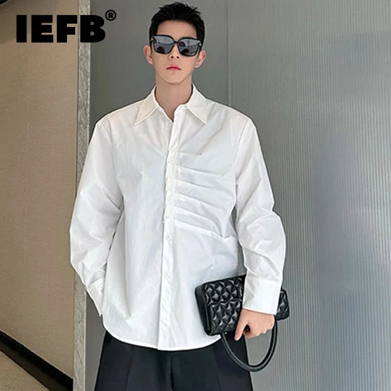 IEFB Casual Men\'s Shirt Pleated Niche Design Solid Color Turn-down Collar Male Long Sleeve Shirts 2024 Summer New Chic 9C4774