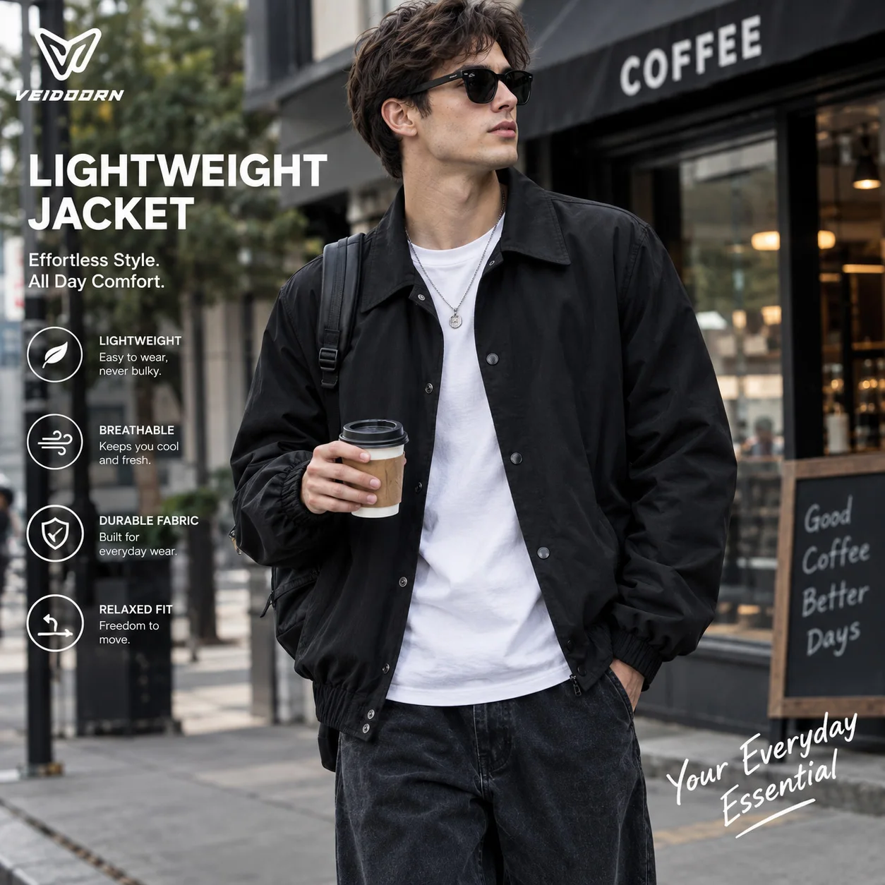 Veidoorn Men's Lightweight Jacket Button Up Collared Jacket Spring Autumn Casual Overshirt Long Sleeve Lightweight Outerwear