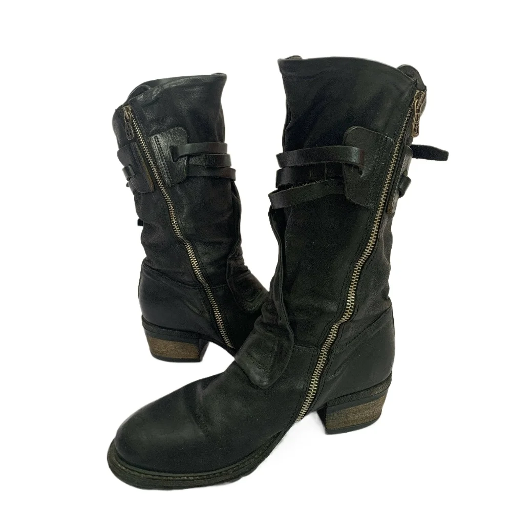 Women's Fashion Suede Leather Motorcycle Boots Round-Toe Thick-Heel Belt Buckle Mid-calf Western Cowboy Boots Zipper view 5