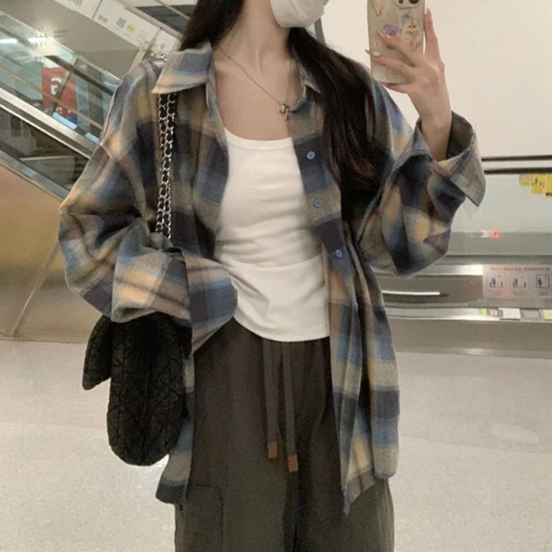 New Korean Fashion Tops Womens Plaid Shirt College Style Design Blouses And Tops Long Sleeve Casual Female Checked Clothes 2024