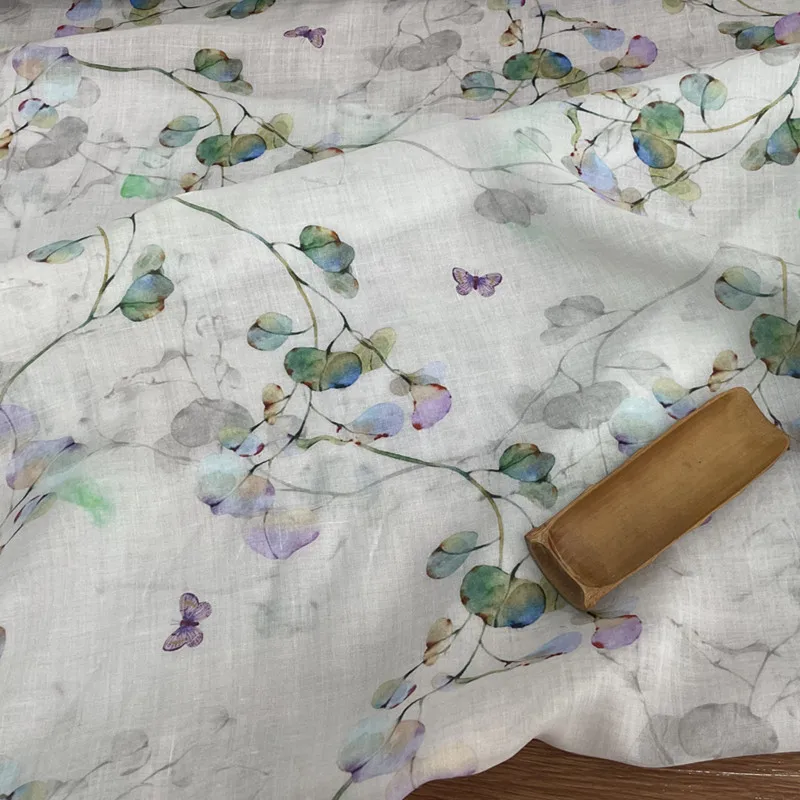

one meter High quality pure ramie fabric leaf digital printing tissu clothing Gown Dress fabrics
