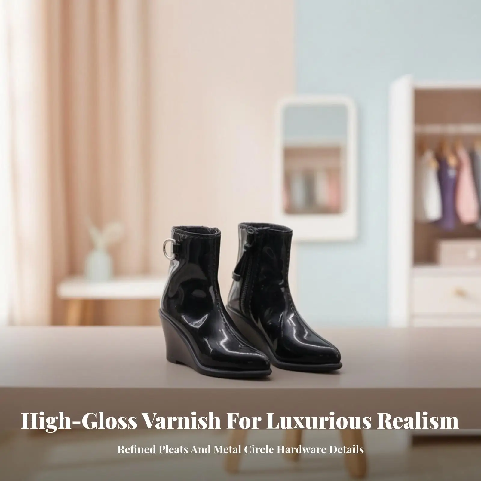Pointed Toe Figure Boots 1/6 Scale Miniature Boots with Zipper Wedge Heel Doll Shoes Ankle-High Footwear Realistic