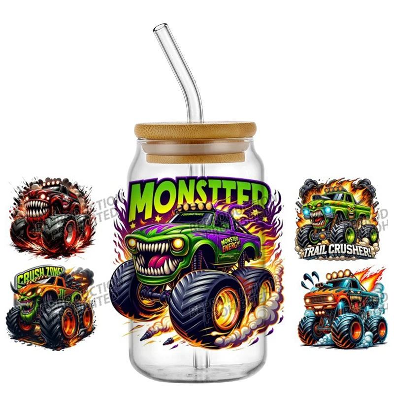 Monster Truck Cartoon Pattern16OZ UV DTF Cup Wrap Transfer Sticker Custom Label DIY Durable Waterproof Logo For Libbey Glass Can