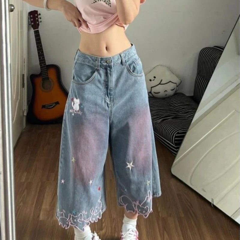 Embroidery American Vintage Shorts Denim High Street Loose Slim Femme Pantalones Streetwear Personalized Wid Leg Pant