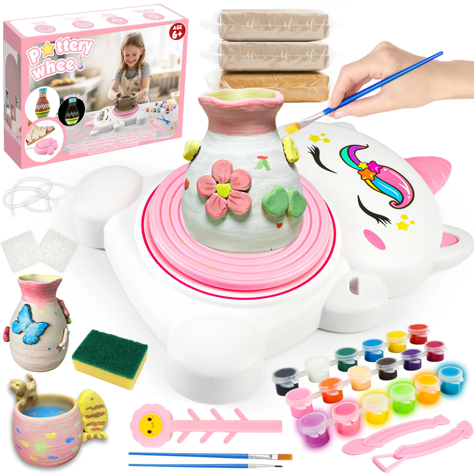 

Pottery Wheel Art Craft Kit, Pottery Studio Polymer with 3Pack Air Dry Modeling Clay Tools, Craft Paint Palette Set USB Powered,