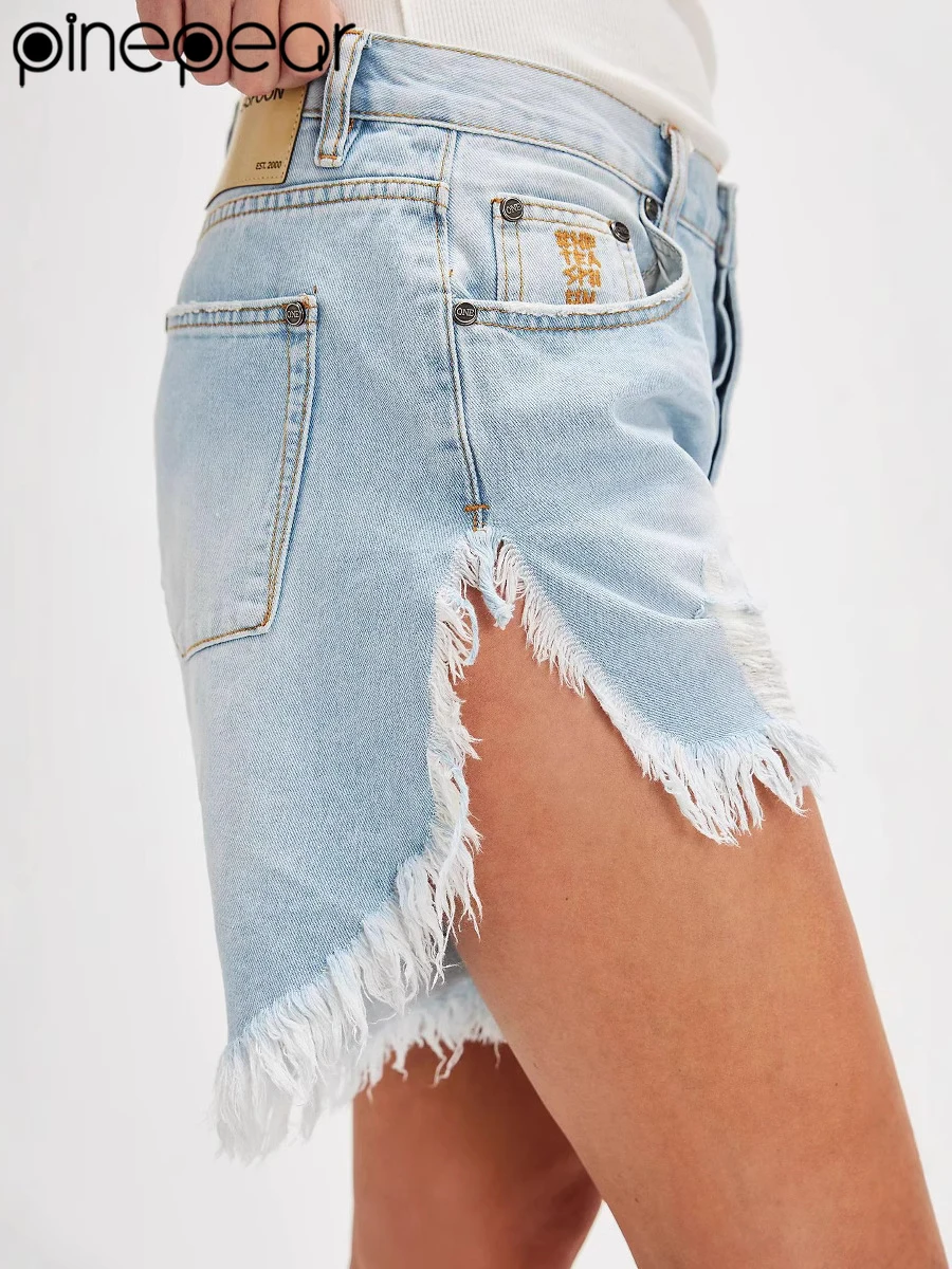 PinePear ジーンズショートパンツレディースハイウエストリップドデニムショートパンツ女性ダメージ加工ジーンズショートパンツ夏 2025