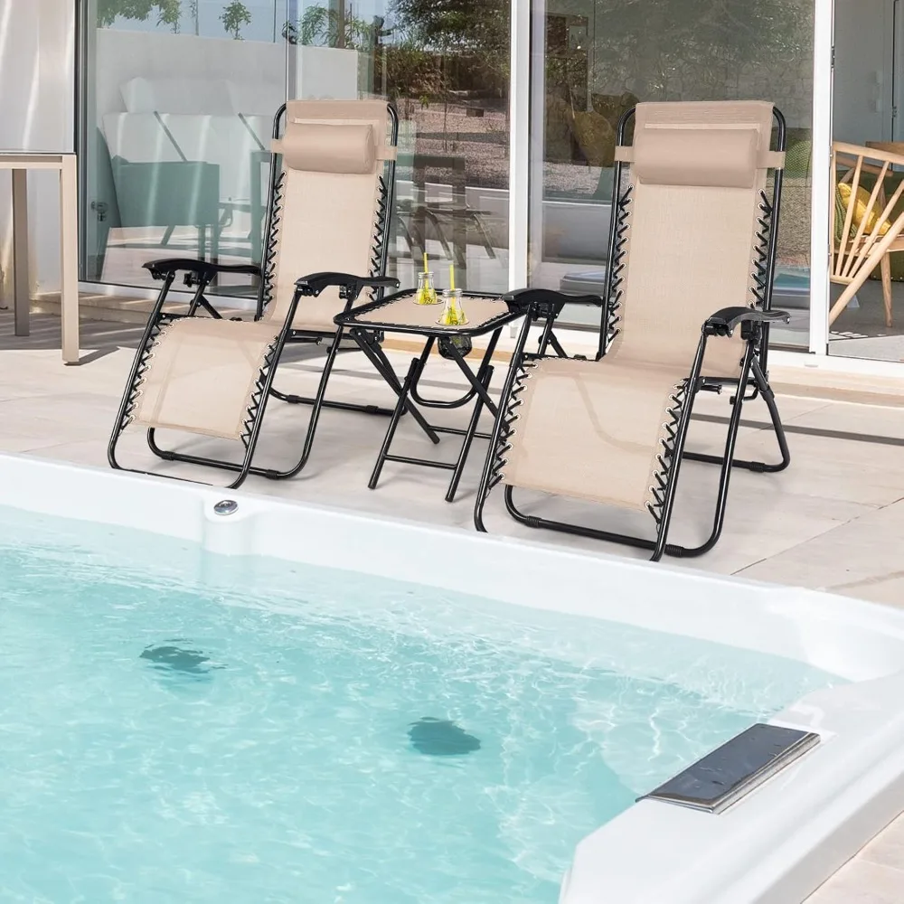 3 Pieces Outdoor Lounge Chair Recliners w/Side Table, Headrest and Cup Holders, Adjustable Folding Recl，Zero Gravity Chair Set