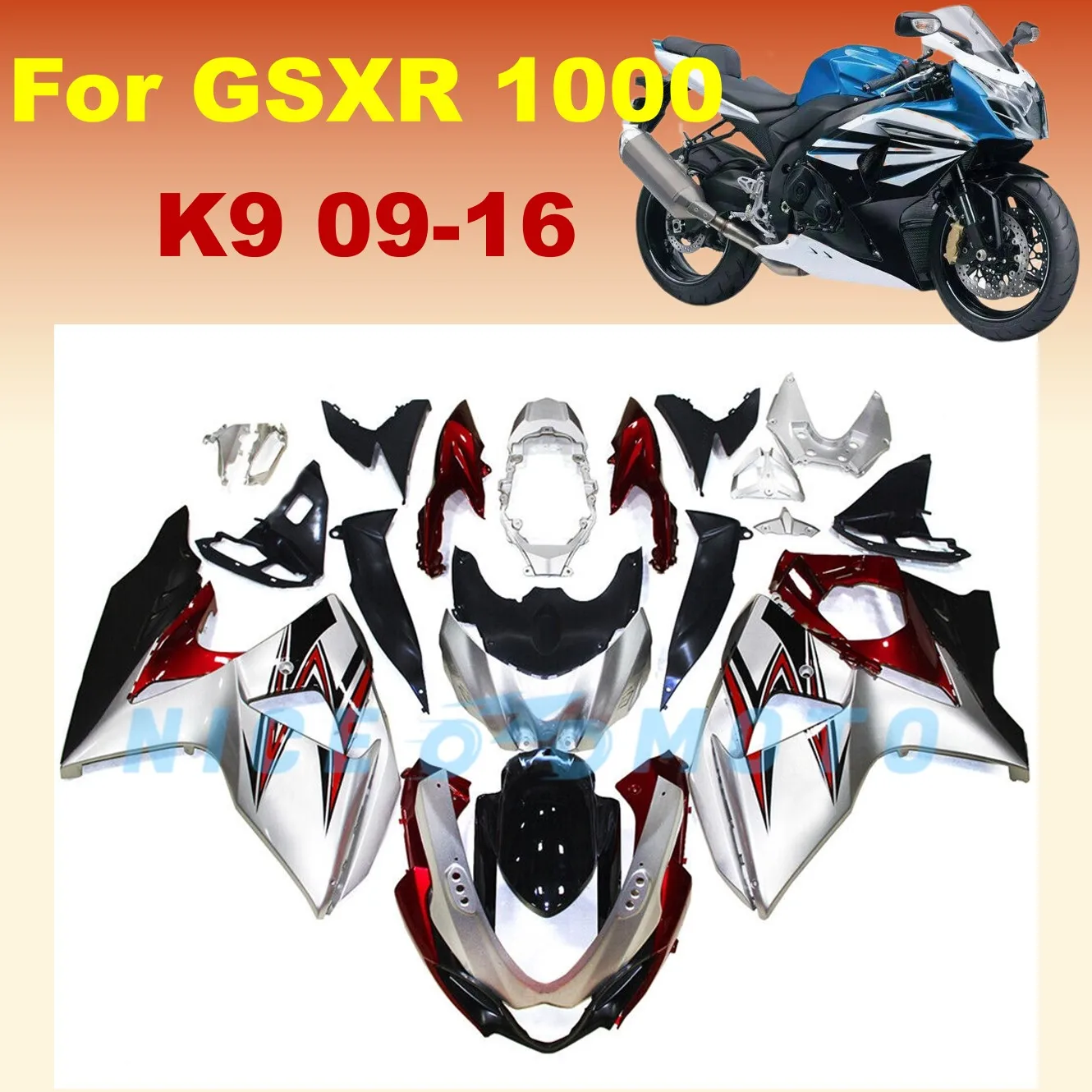 Best Fairing kits for Suzuki GSXR1000 2009 2010 2016 K9 11 12 13 14 15 GSX-R1000  High Grade Fairings kit red/silvery