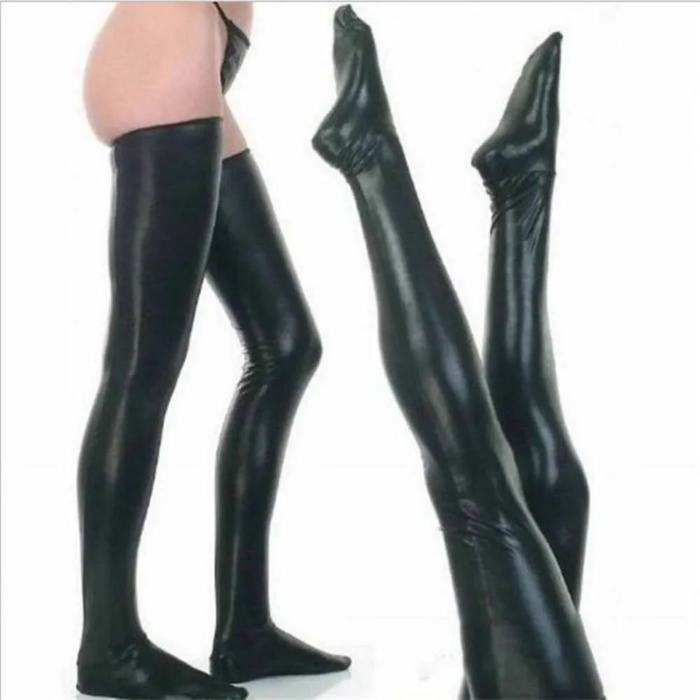 Men's Women Wet Look Latex Leather Thigh High Footed Stockings Tights Clubwear Erotic Leather Lacquer PU Male Elastic Long Socks