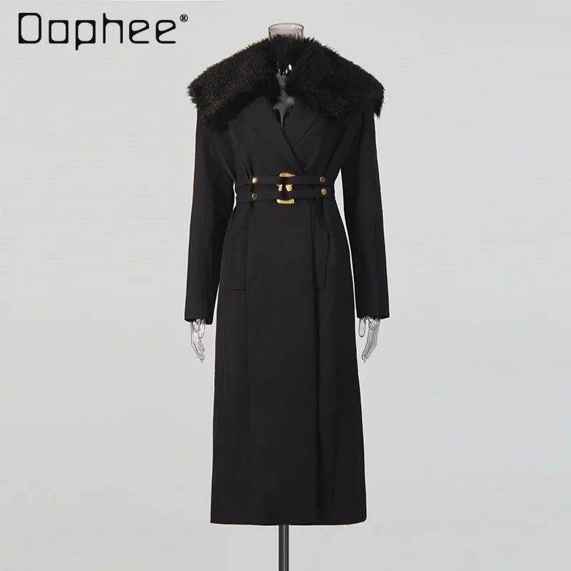 

European American Style High-End Fashion Large Fur Collar Coat 2025 Winter New Metal Buckle Tie Slim Long Trench Coat for Women