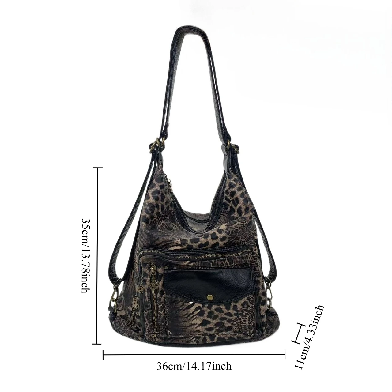 Ladies' fashionable multi pocket motorcycle shoulder bag with large capacity retro washed leopard print crossbody backpack - view 6