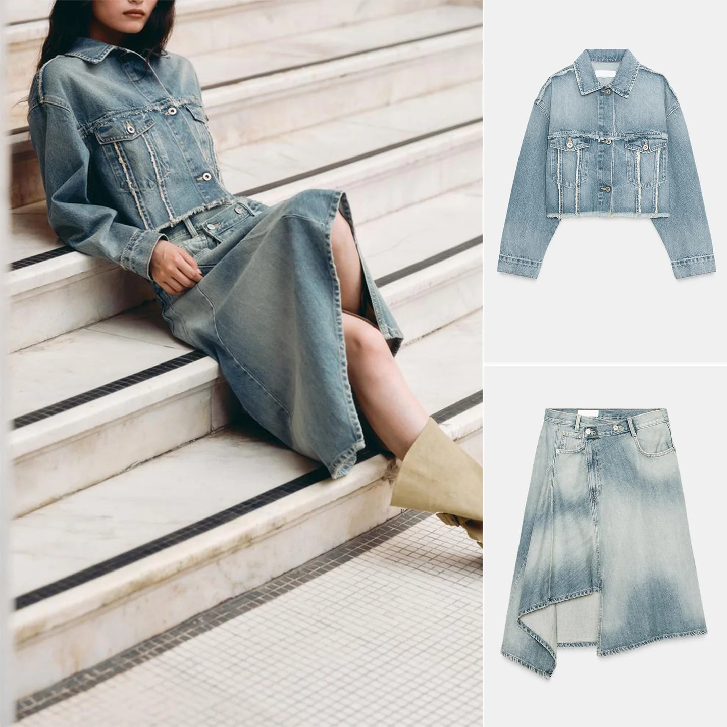 

Свободная длинная джинсовая юбка-миди с воротником свека и двойной пуговицей на талии, комплект из двух предметов, повседневная осенняя одежда для ...