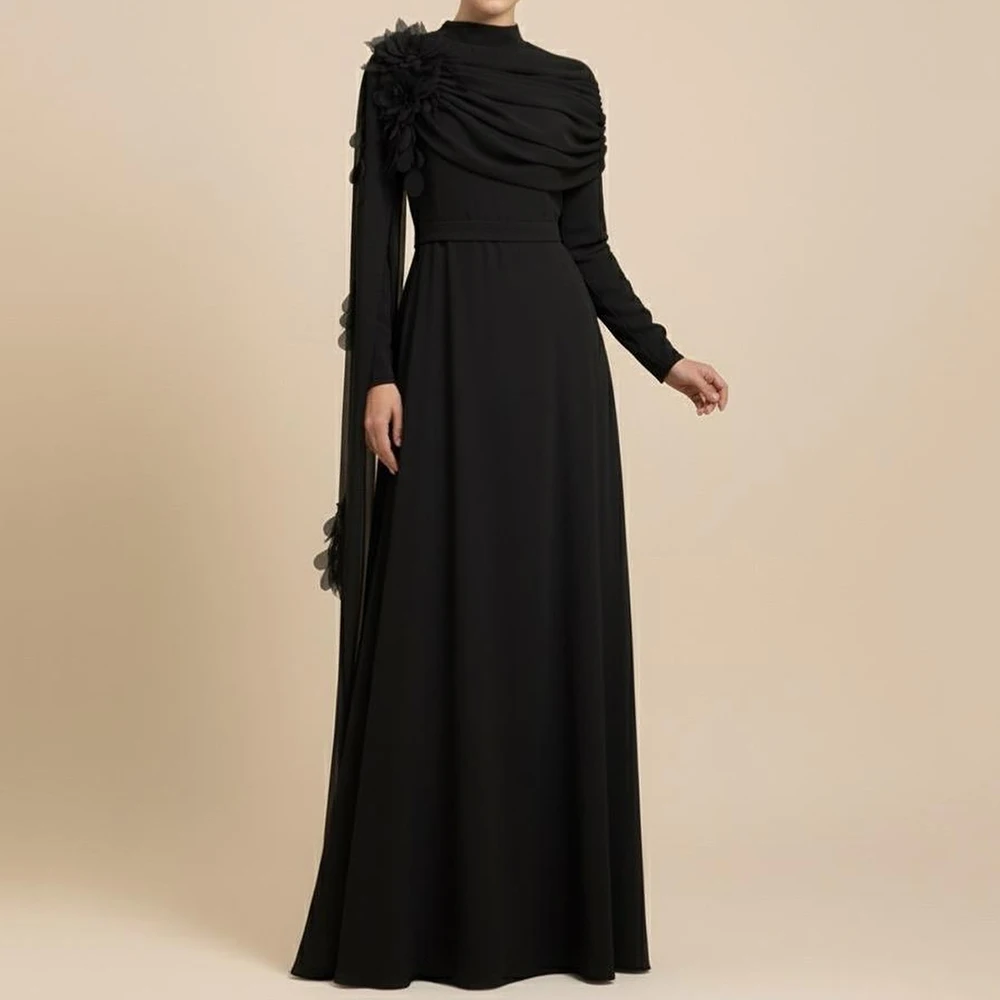 

Customized A-line Evening Dresses Floor-length High-neck Full Sleeve Prom Gown Fashion Flowers Pleat Stole Draped Party Gown