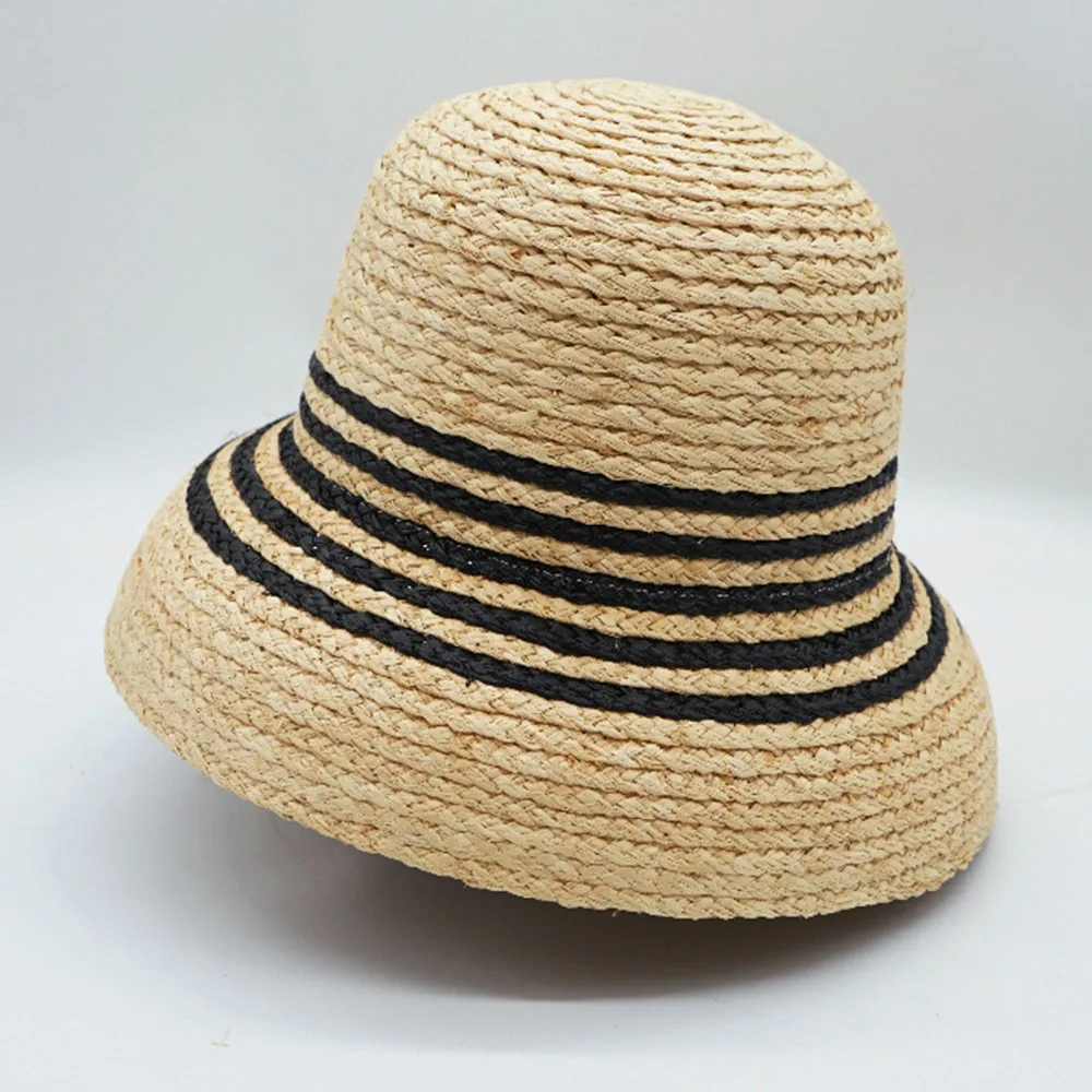 Cloche Summer Hats for Women Black Stripped Straw Hat Wide Brim Sun Hat Dome Ladies Hat Travel Party Derby Hat