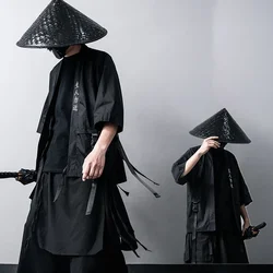 WATER Japanese Traditional Black Kimono Men's Cardigan Diablo Samurai Ninja Cosplay Suit Chinese Hanfu Style Coat Streetwear Man