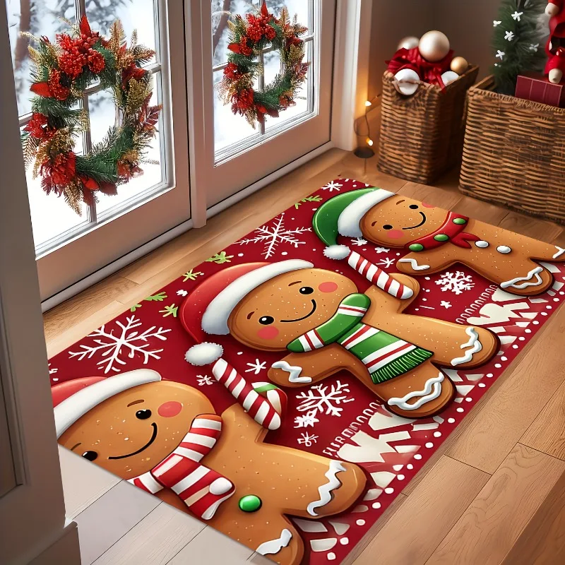 Christmas Cute Gingerbread Man Candy Cane Snowflake Flannel Doormat Non Slip Front Entry Floor Mat Festive Winter Entrance Rug