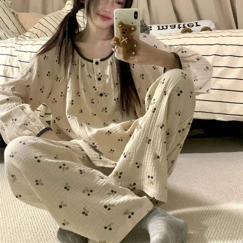 Cherry Sleepwear Button Women Pajamas Set Autumn Piiama Korean Fashion Long Sleeve Sets 2 Pieces Night Wears Casual Home Wear