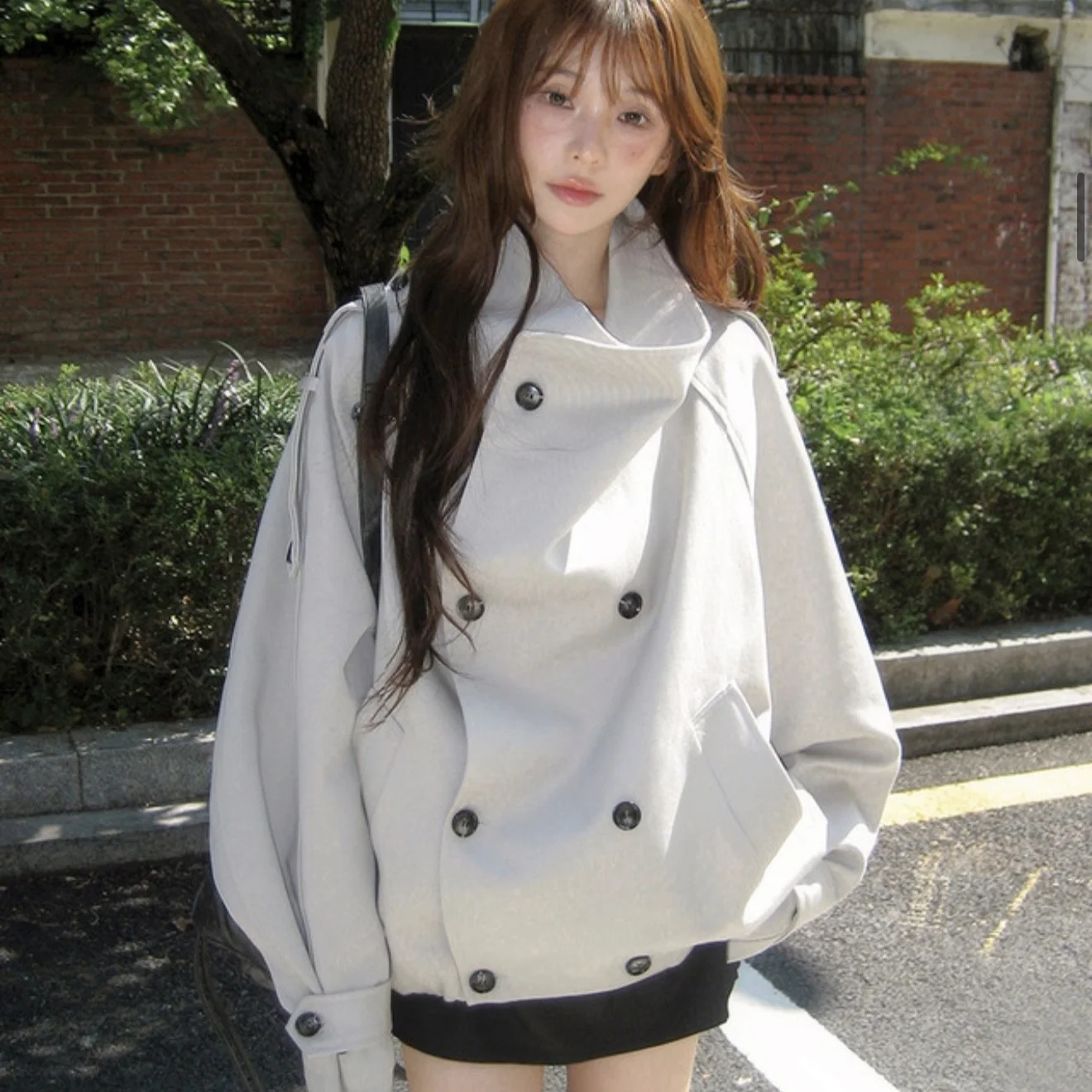 Early Autumn Loose Korean Style Chic Windbreaker Double Row Button Notched Collar Outfit for Small Figures Polyester Fiber
