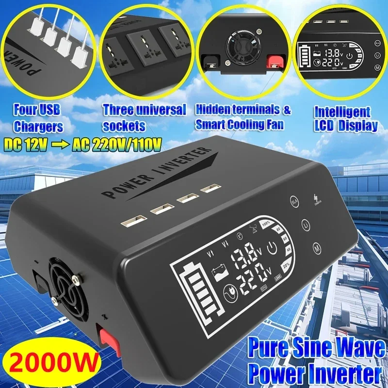 2000W 12V to 110V /220V Touch Screen LCD Dual Battery Mode USB Universal Plug-in Pure Sine Wave Inverter Solar Power