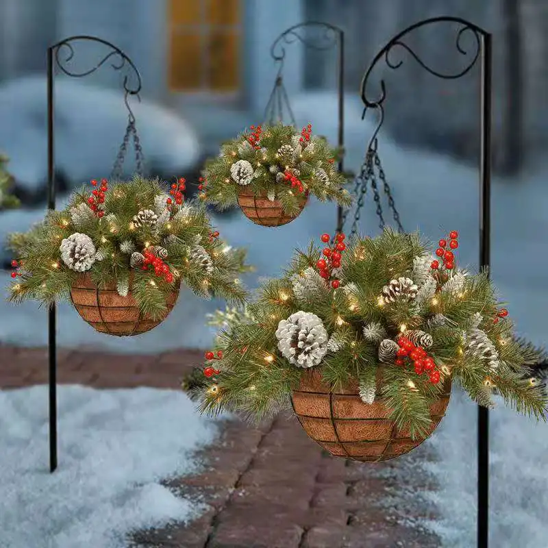 Artificial Christmas Hanging Basket, Decorated With Berry Pine Cones Pine Branches and LED Lights for Merry Christmas Decoration