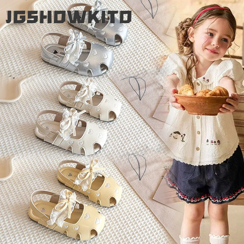 JGSHOWKITO Summer Children Heart Hollow Out Sandals Closed Toe Kids Wedding Party Shoes with Lace Bow Casual Girls Flat Sandals
