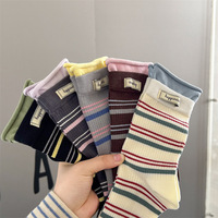 5 Pairs Women's Autumn Winter Striped Mid-Calf Socks Ladies Faux Two-Piece Panel Design Woman Cotton Socks Set High Quality 2025