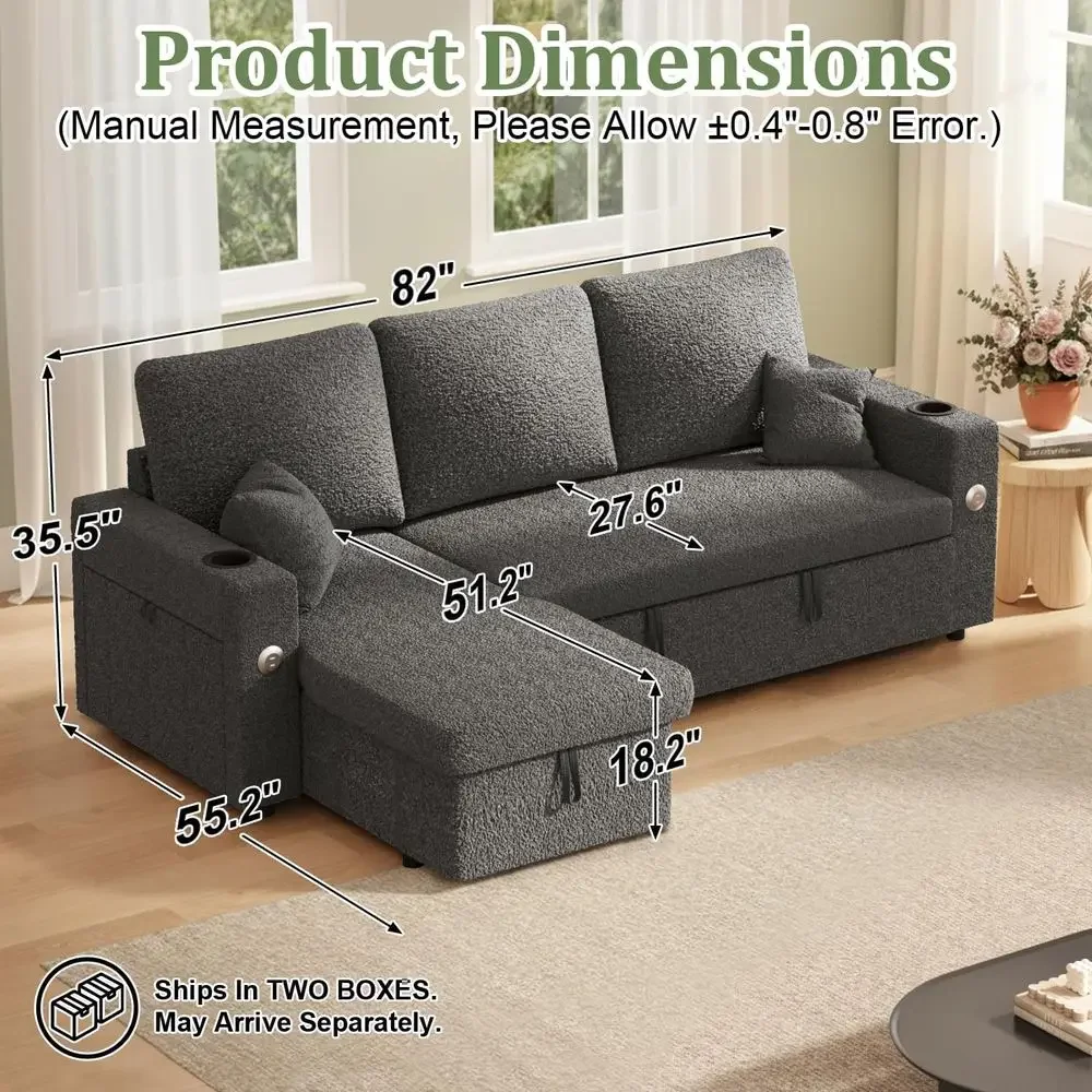 82 Inch L-Shape Sectional Couch, 4-in-1 Multiunctional Pull-Out Couch Sleeper Soa with Storage Chaise Charging Station Cup Holde