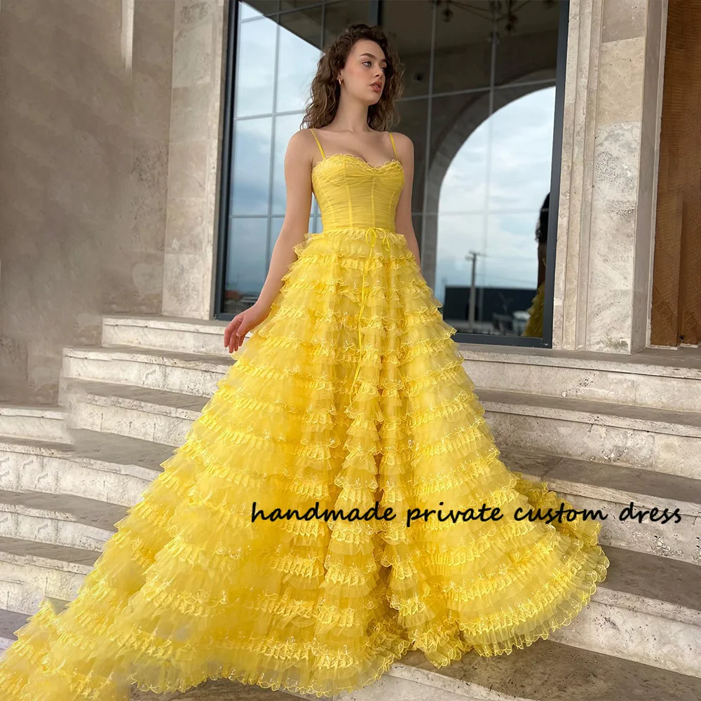 

Yellow Tiered Pleats Tulle A Line Fairy Evening Party Dresses Sweetheart Spaghetti Straps Princess Homeocming Dress Prom Gowns