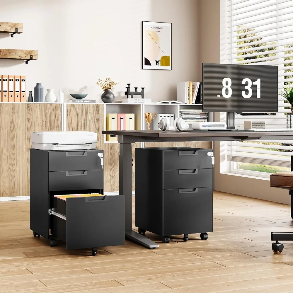 3-Drawer File Cabinet with Lock, Under Desk Rolling Filing Cabinet for Legal/Letter/A4, Black