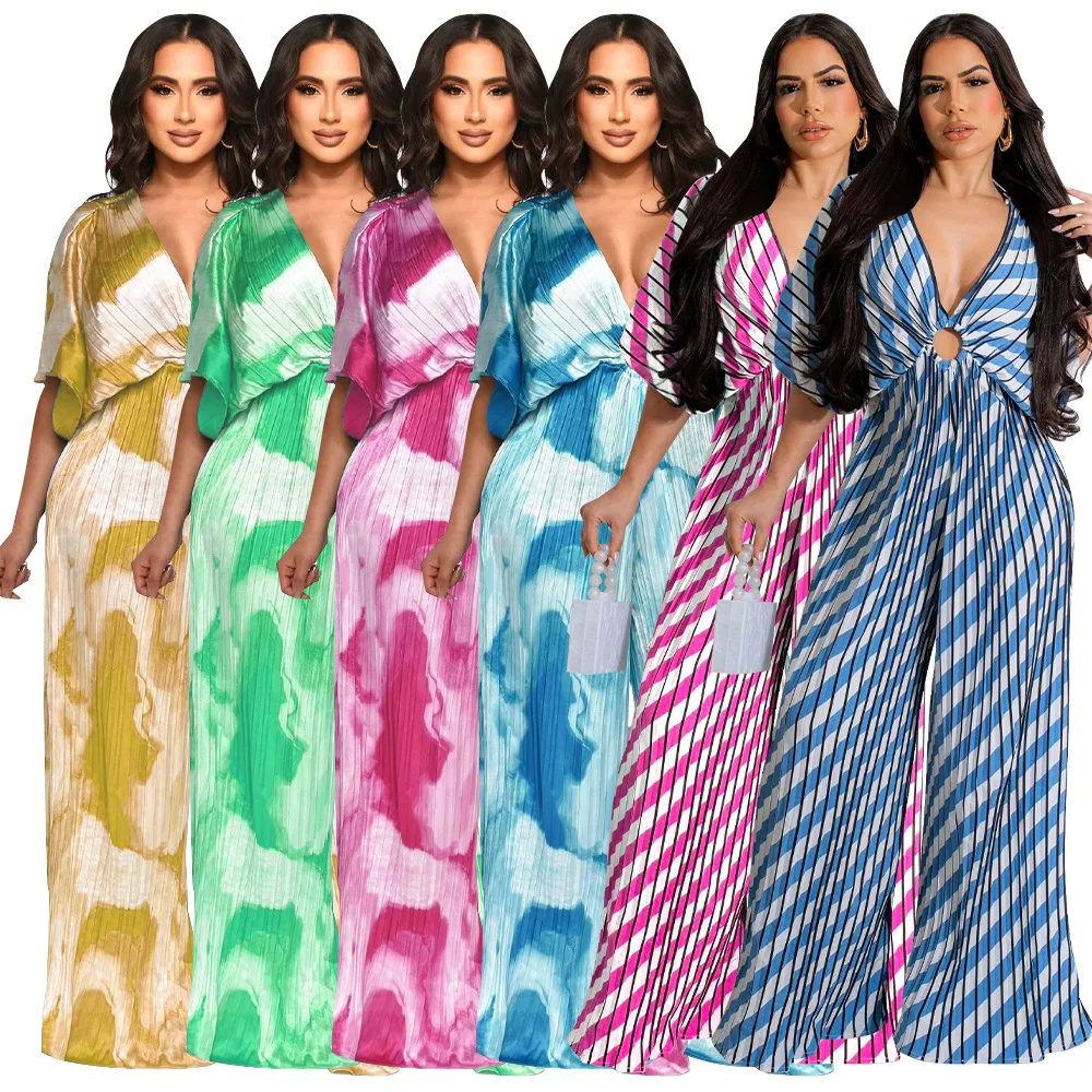 

Faion Women's V-Ne Pleated Printed Casual Jumpsuit High Waist Long Pants Thin Polyester Fabric Autumn Season High Quali