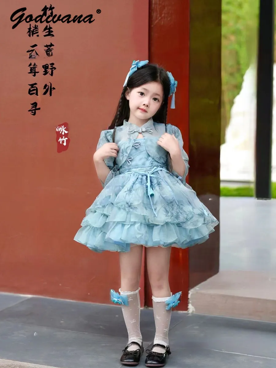 Sweet Baby Girls Chinese Ancient Hanfu Lolita Princess Slip Dress Jacket Set Childrens High End Print Sleeveless Bow Ball Gown