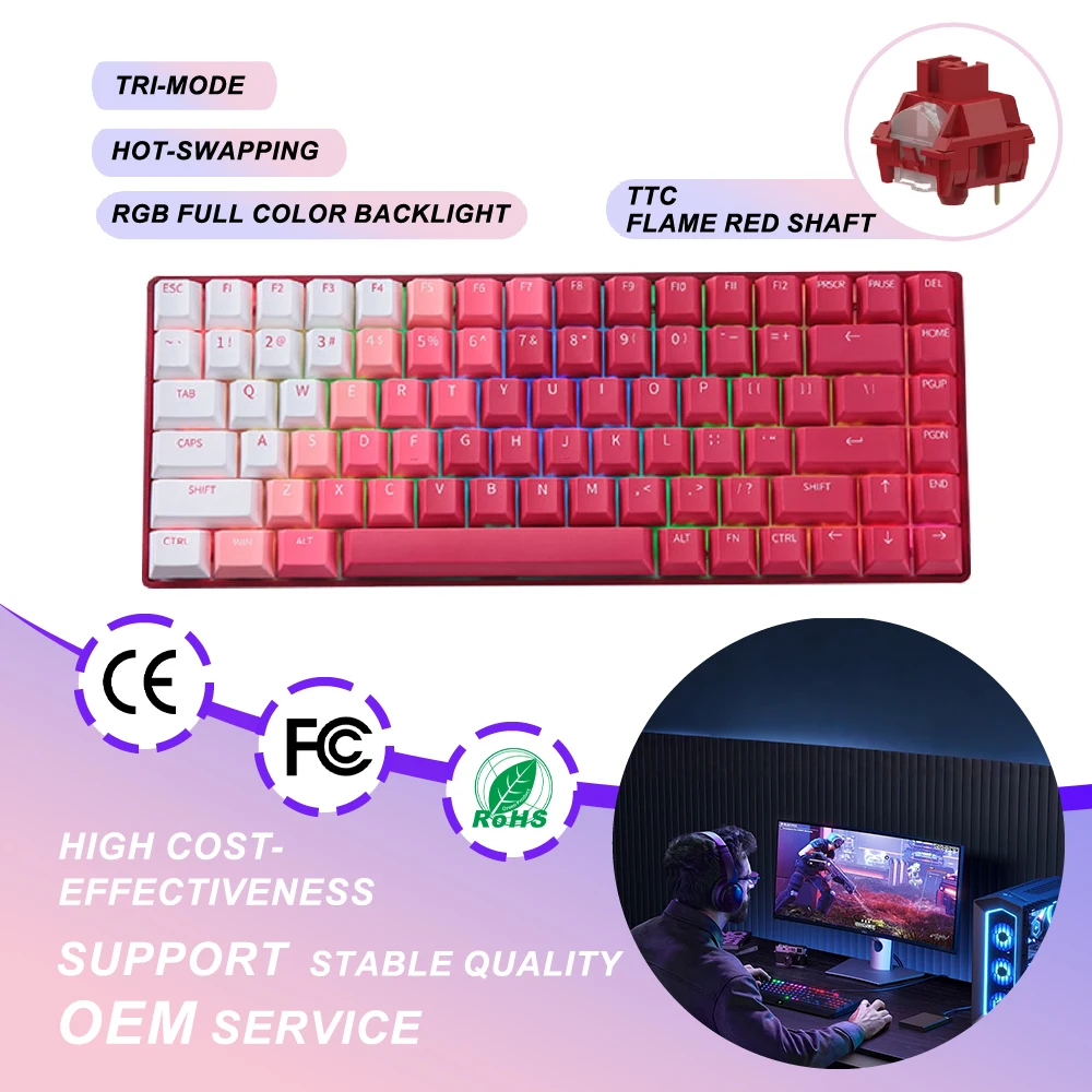 Factory Superior Quality TTC Switch Rgb Mechanical Gaming Keyboard  84keys Bt 5.1 Wireless Wired Gaming Keyboard