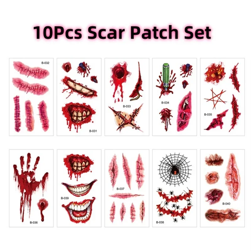 10 Sheets Halloween Terror Wound Temporary Tattoo Waterproof Realistic Blood Tattoos Injury Scar Tattoo Stickers For Face Hands