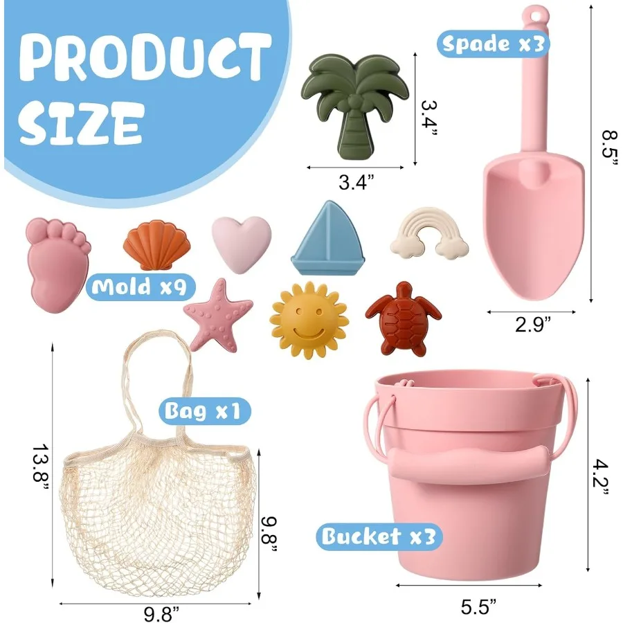 16 pçs brinquedos de praia de silicone viagem amigável conjunto de praia brinquedos coloridos incluem 3 baldes de silicone, 3 pás, 9 moldes de areia, 1 saco
