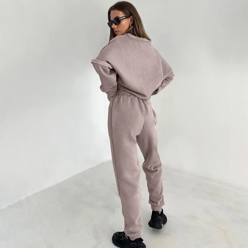 Pants Sets Two Pieces Set Women Tracksuit O Neck Hoodies Elastic Waist Pencil Pants Pullover Solid Pockets High Street Spliced