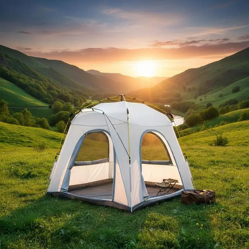 Tente familiale pop-up pour 4 personnes, 4 portes et 4 fenêtres, montage instantané, sac de transport inclus, idéale pour le camping et la randonnée, 240x240x195 cm, blanc et gris.