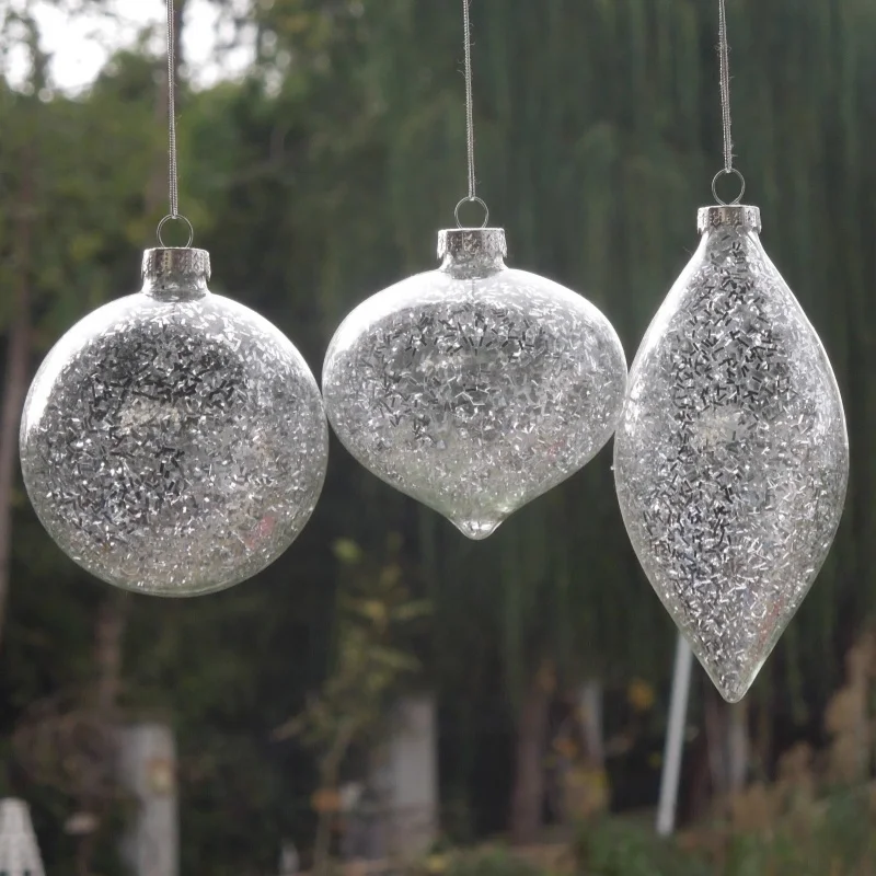 4pcs/pack Different Shape Inner Silver Chips Transparent Glass Pendant Christmas Hanging Globe Decorative Cone Drop Onion Hanger