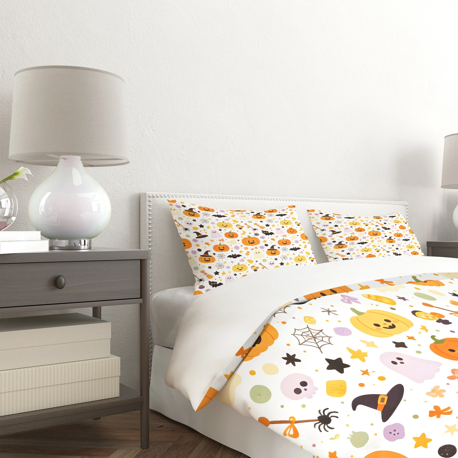 Halloween Duvet Cover Set Cute Pumpkin Ghost Black Cat Spider Web Print Bedding Set Quilt Cover with Pillowcases Holiday Bedding view 4