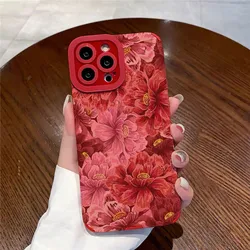 Ottwn Luxury Red Flowers Pattern Phone Case For iPhone 13 12 11 Pro Max XR XS 15 14 Plus Lens Protection Soft Bumper Back Covers